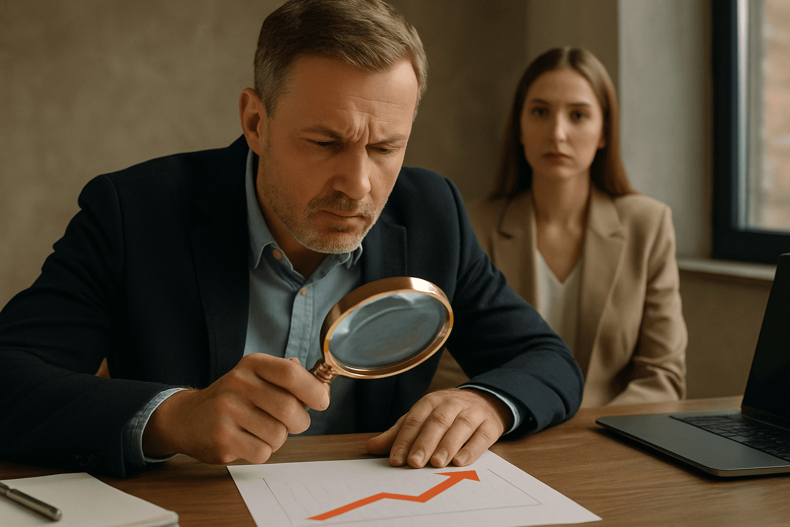 Руководитель анализирует воронку продаж на схеме у доски